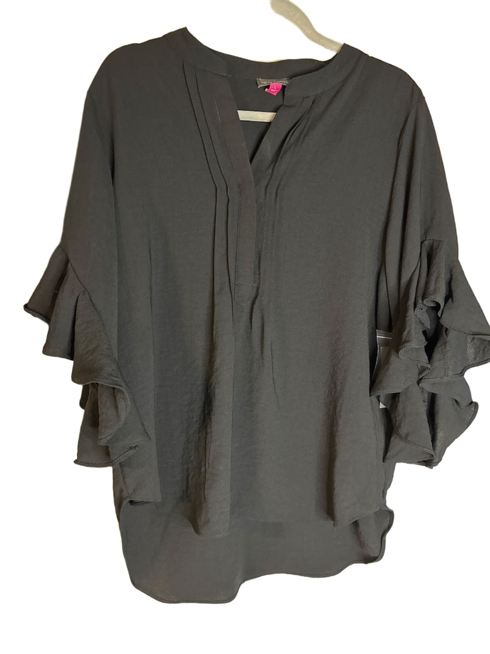 Vince Camuto Black Ruffle Sleeve Split V-Neck Blouse, NWT Lg